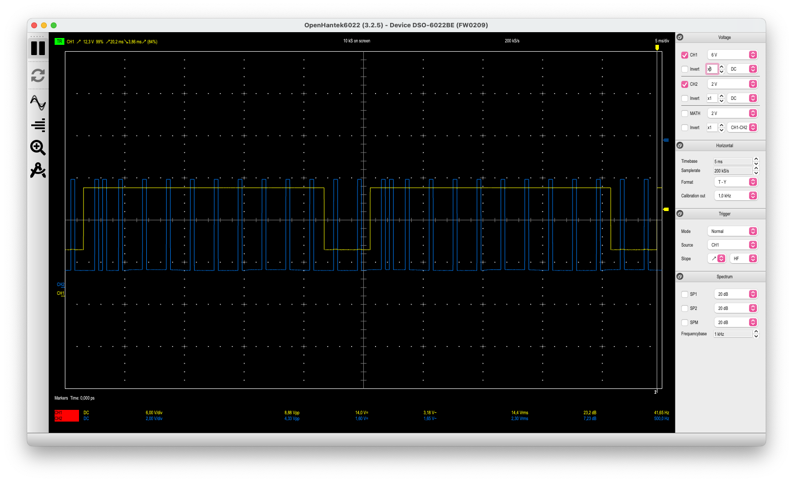 Blue: input trigger signal read from the Arduino. yellow: Channel A ignition output occurring 15 degrees ATDC.