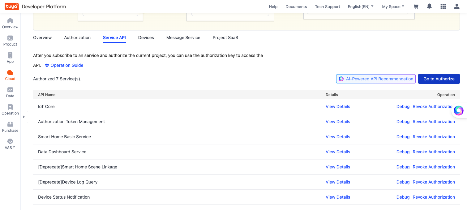 Tuya developer portal authorization